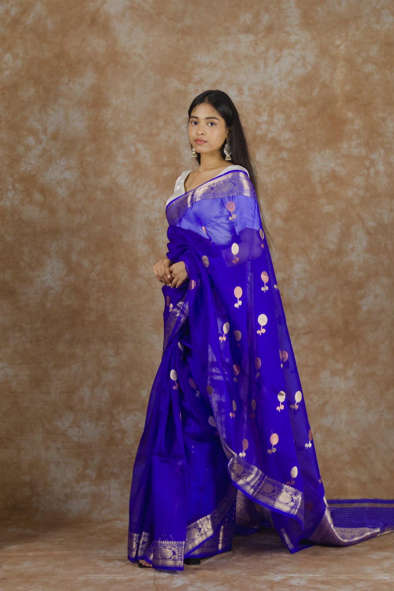 Blue Marigold | Pure Kora Silk Saree