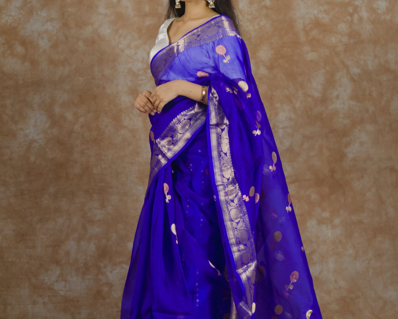 Blue Marigold | Pure Kora Silk Saree