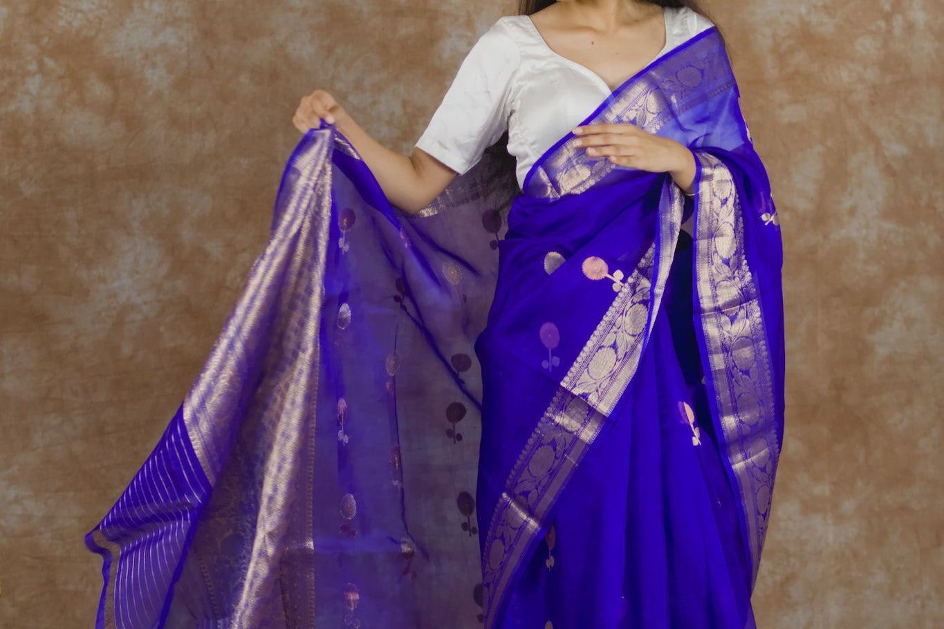 Blue Marigold | Pure Kora Silk Saree