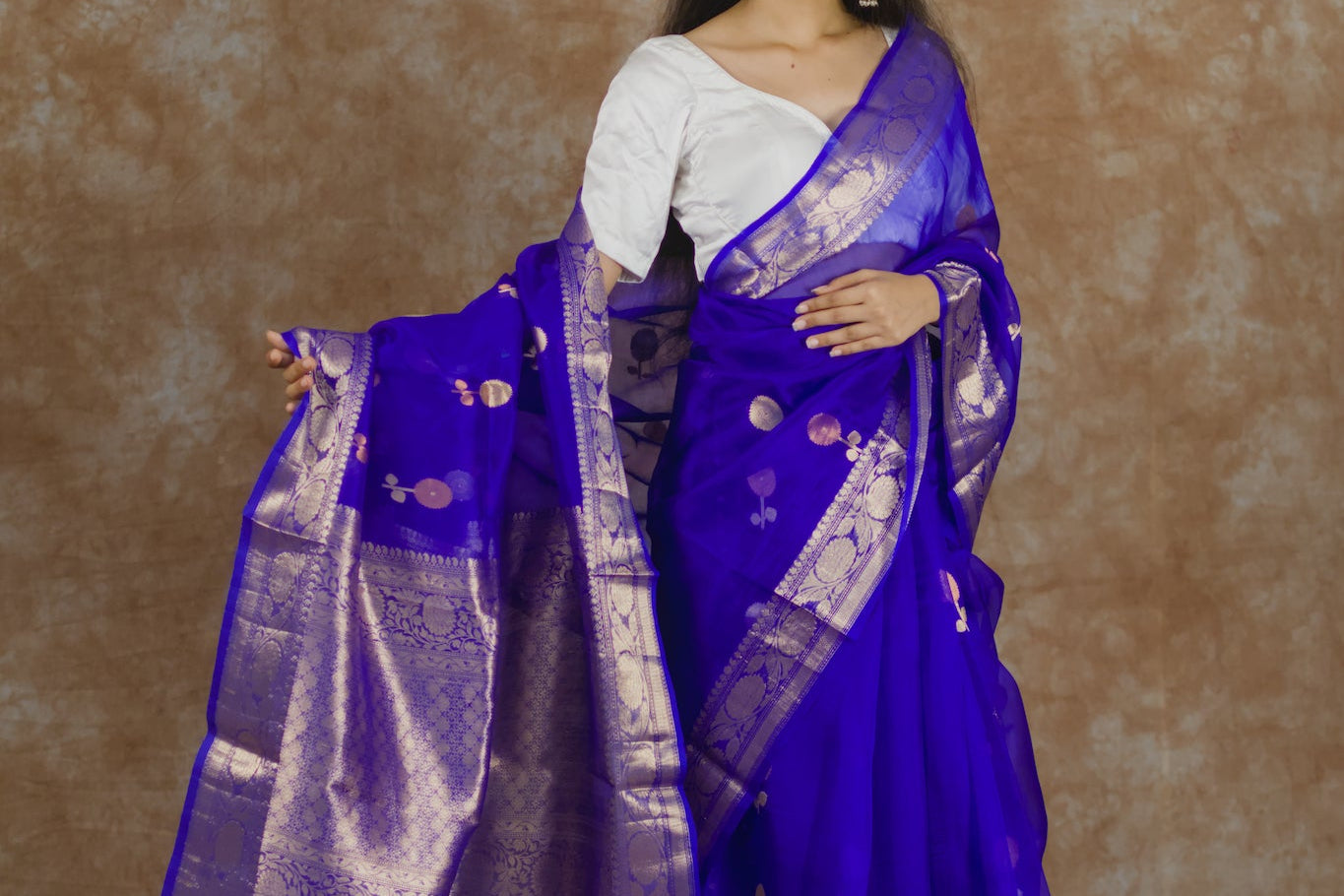 Blue Marigold | Pure Kora Silk Saree