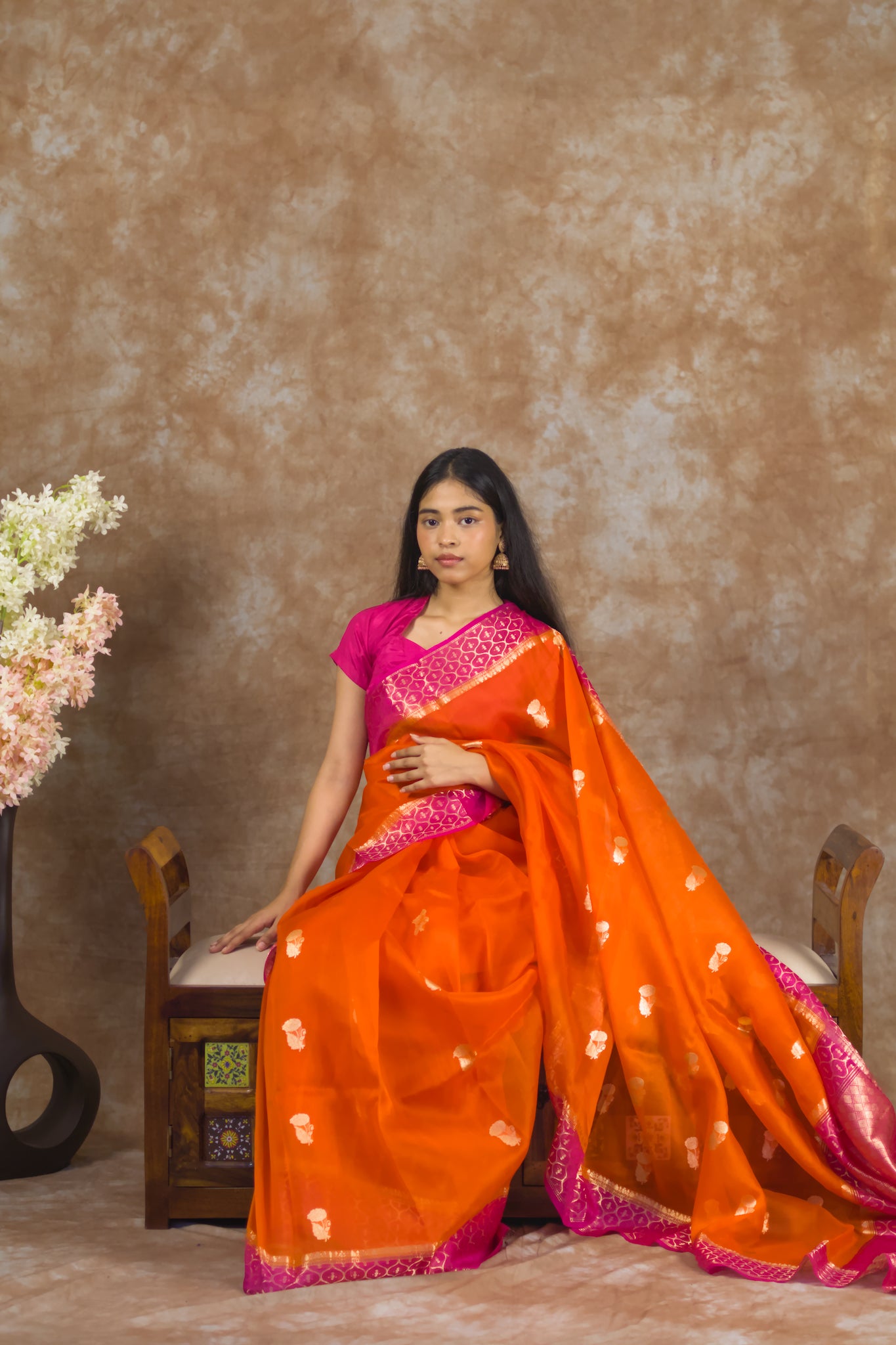 Saffron Bloom | Pure kora Silk Saree