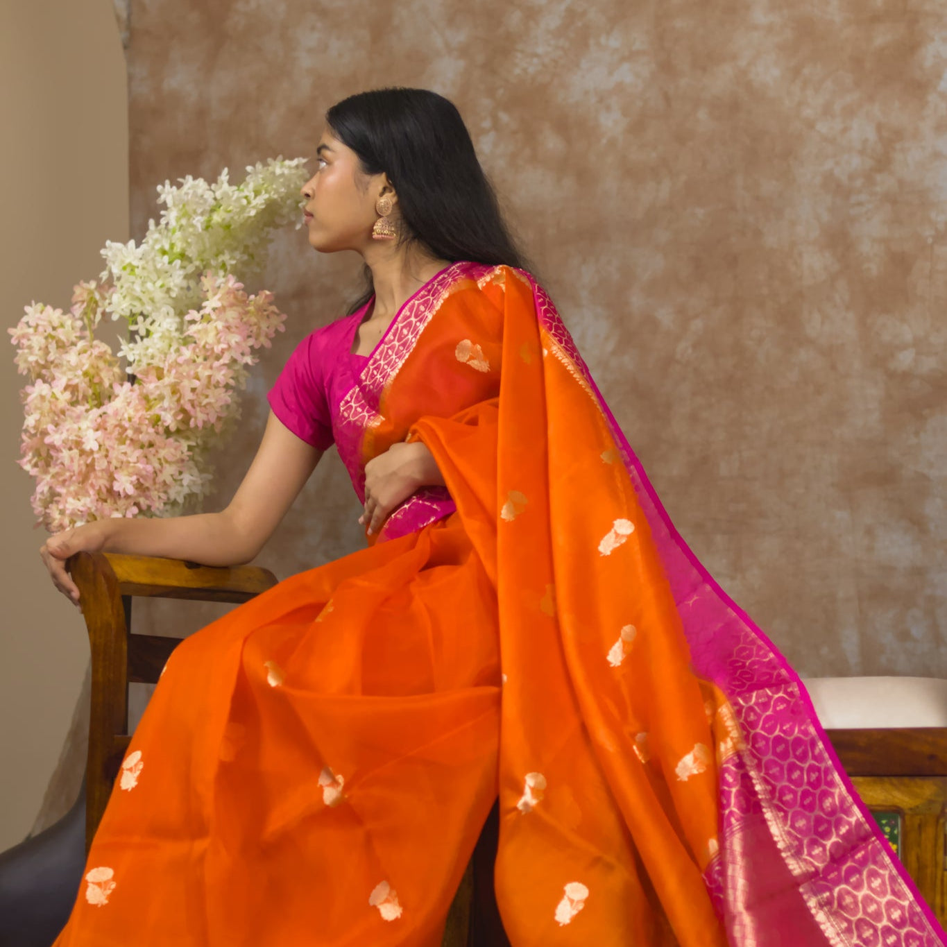 Saffron Bloom | Pure kora Silk Saree