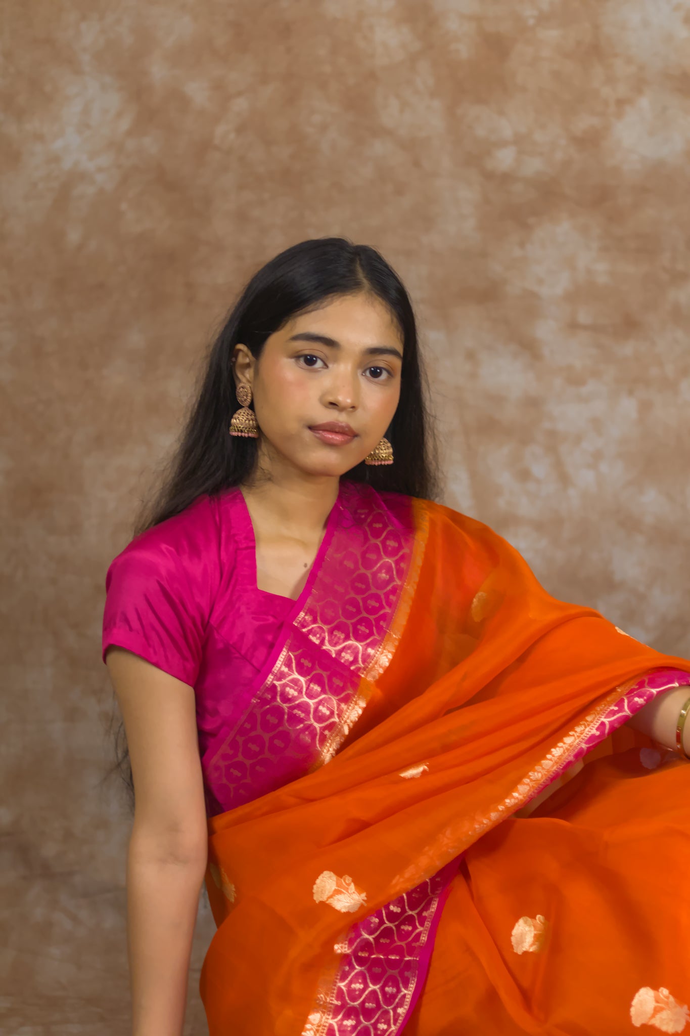 Saffron Bloom | Pure kora Silk Saree