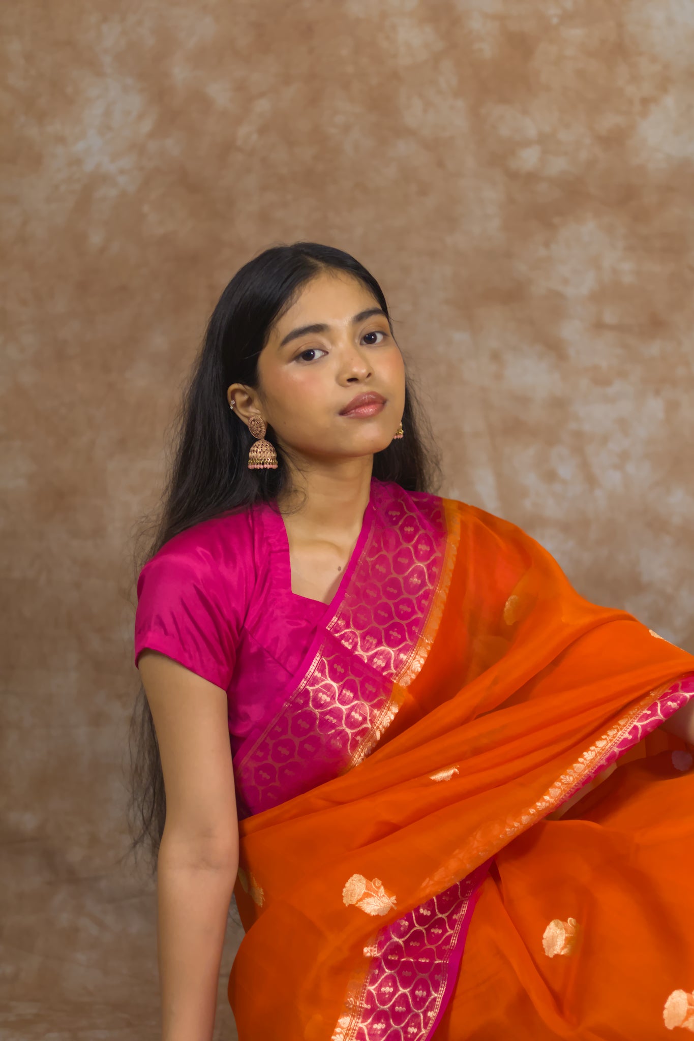 Saffron Bloom | Pure kora Silk Saree