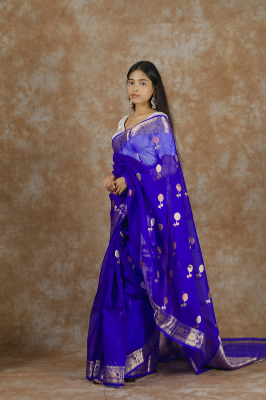 Blue Marigold | Pure Kora Silk Saree