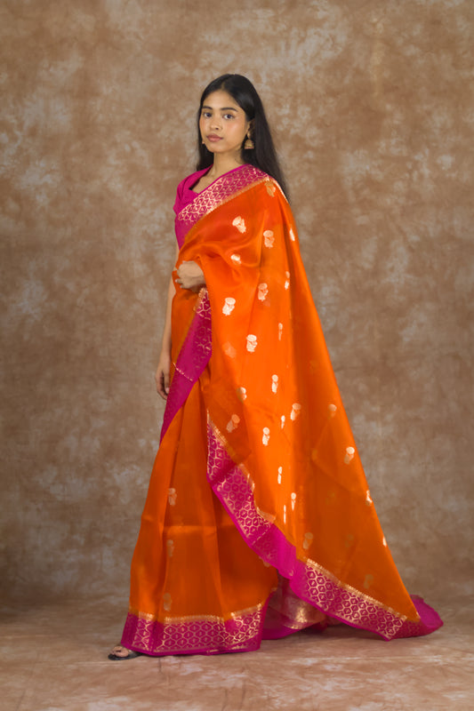 Saffron Bloom | Pure kora Silk Saree